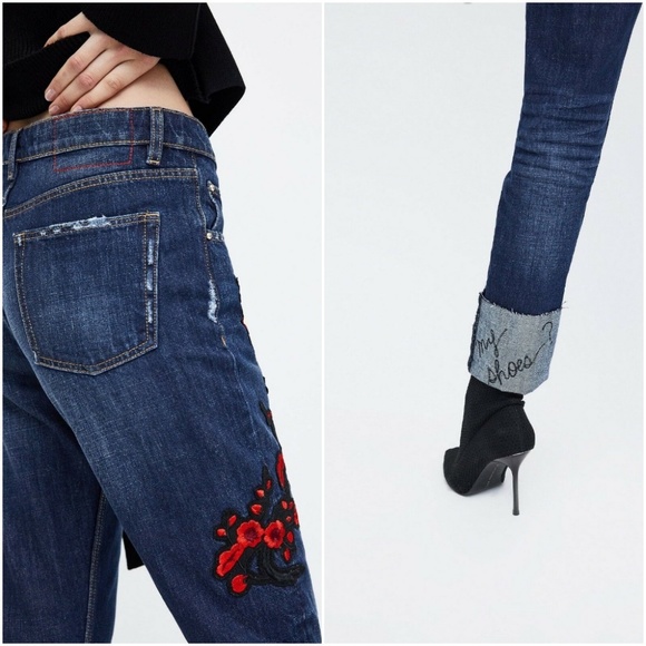 Zara Jeans Nwt Zara Cuffed Whimsical Embroidered Jeans Poshmark
